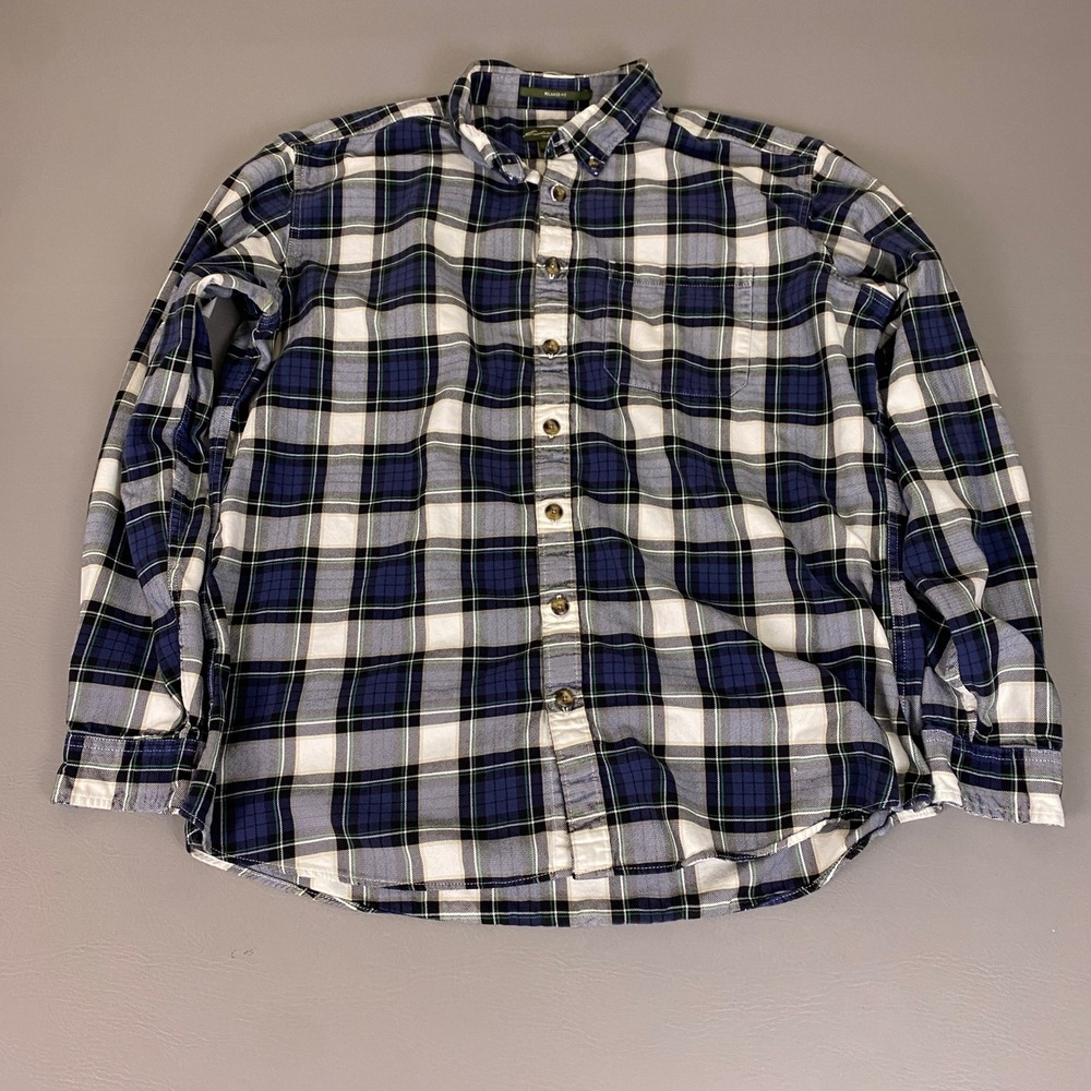 Eddie Bauer Flannel Shirt Men's Size XL Tall Relaxed Fit Plaid Button Blue White